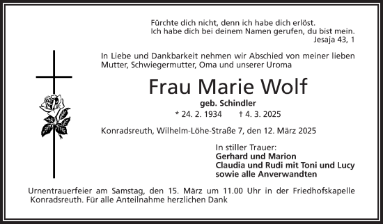 Traueranzeige von Marie Wolf von Frankenpost