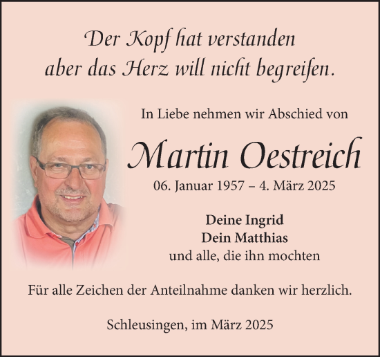 Traueranzeige von Martin Oestreich von Südthüringer Presse