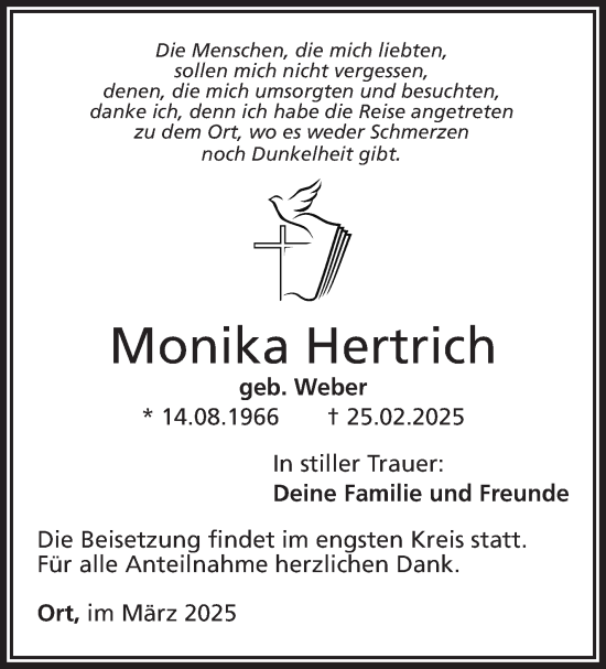 Traueranzeige von Monika Hertrich von Frankenpost