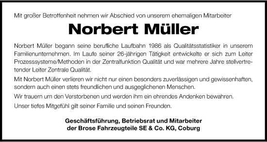 Traueranzeige von Norbert Müller von Neue Presse Coburg