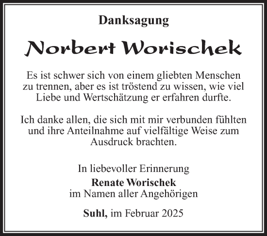 Traueranzeige von Norbert Worischek von Südthüringer Presse