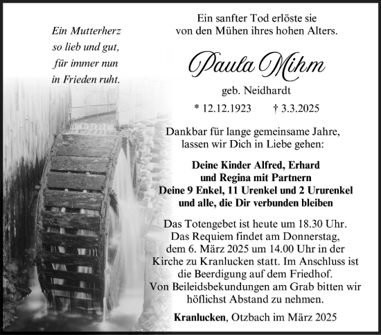 Traueranzeige von Paula Mihm von Südthüringer Presse