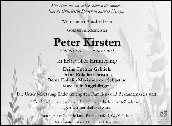 Traueranzeige von Peter Kirsten von Südthüringer Presse