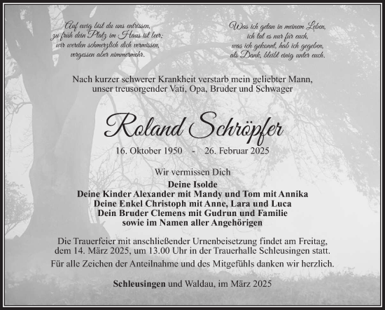 Traueranzeige von Roland Schröpfer von Südthüringer Presse