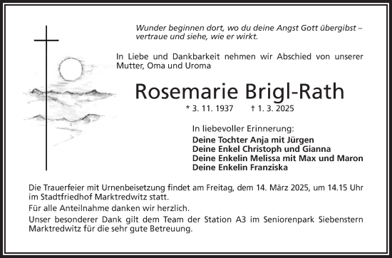 Traueranzeige von Rosemarie Brigl-Rath von Frankenpost