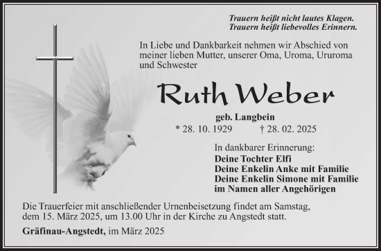 Traueranzeige von Ruth Weber von Südthüringer Presse