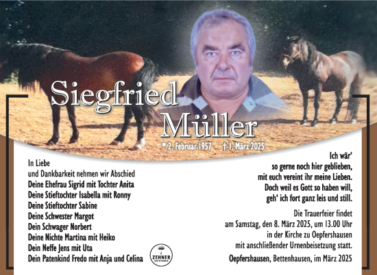 Traueranzeige von Siegfried Müller von Südthüringer Presse