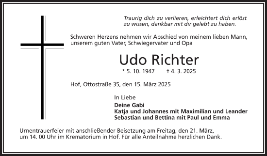 Traueranzeige von Udo Richter von Frankenpost