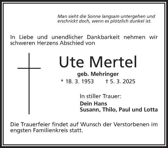 Traueranzeige von Ute Mertel von Frankenpost