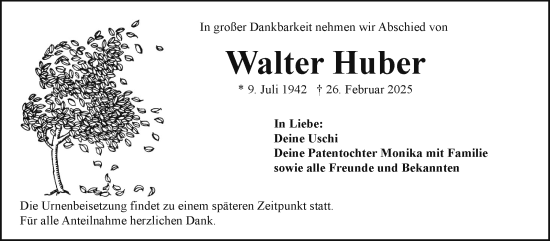 Traueranzeige von Walter Huber von Frankenpost