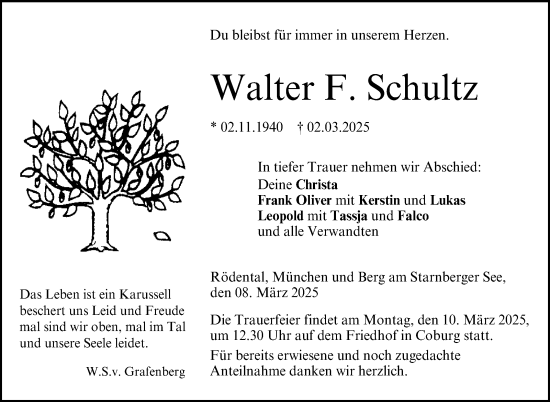 Traueranzeige von Walter F. Schultz von Neue Presse Coburg