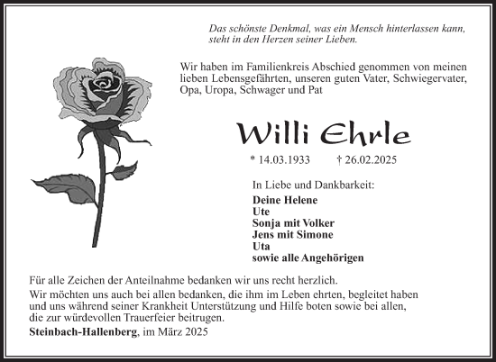 Traueranzeige von Willi Ehrle von Südthüringer Presse