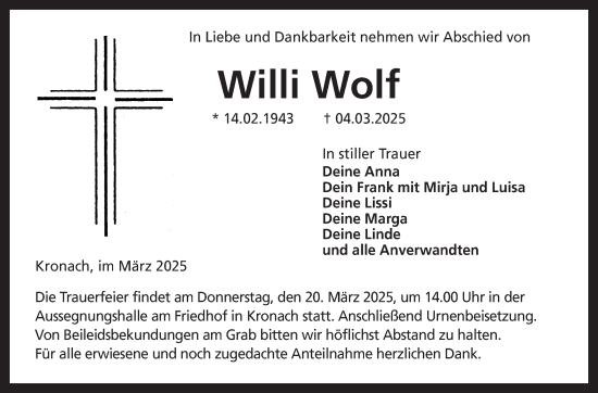 Traueranzeige von Willi Wolf von Neue Presse Coburg