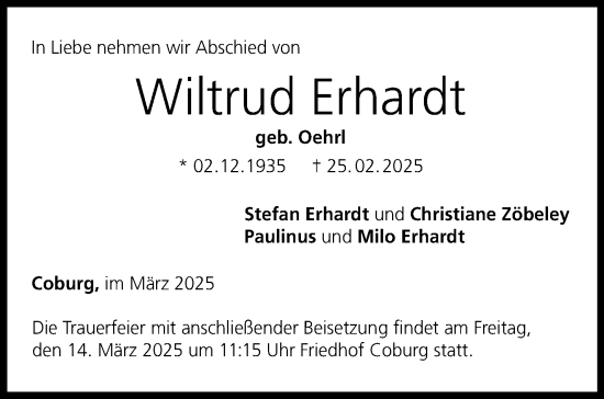 Traueranzeige von Wiltrud Erhardt von Neue Presse Coburg