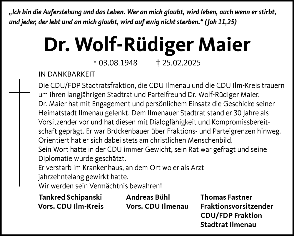  Traueranzeige für Wolf-Rüdiger Maier vom 08.03.2025 aus Südthüringer Presse