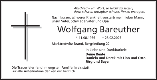 Traueranzeige von Wolfgang Bareuther von Frankenpost